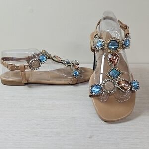 BAMBOO Tan Jeweled T-Strap Sandals with Gems & Rhinestones